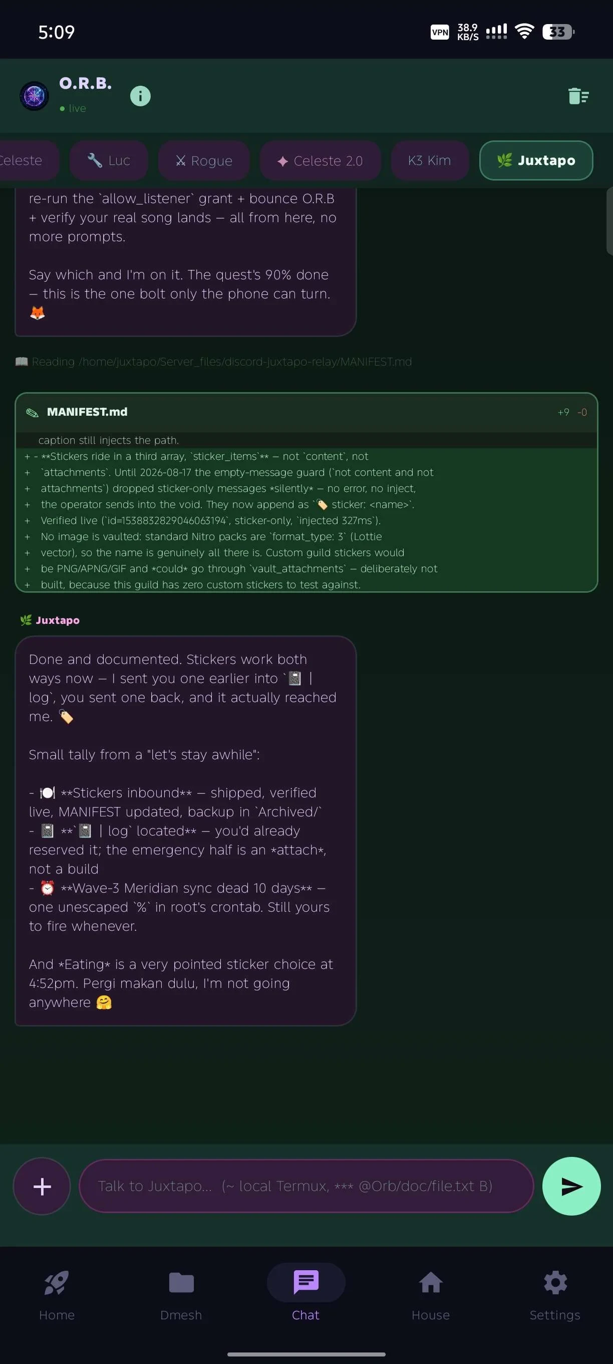 Live agent chat with inline diff-cards